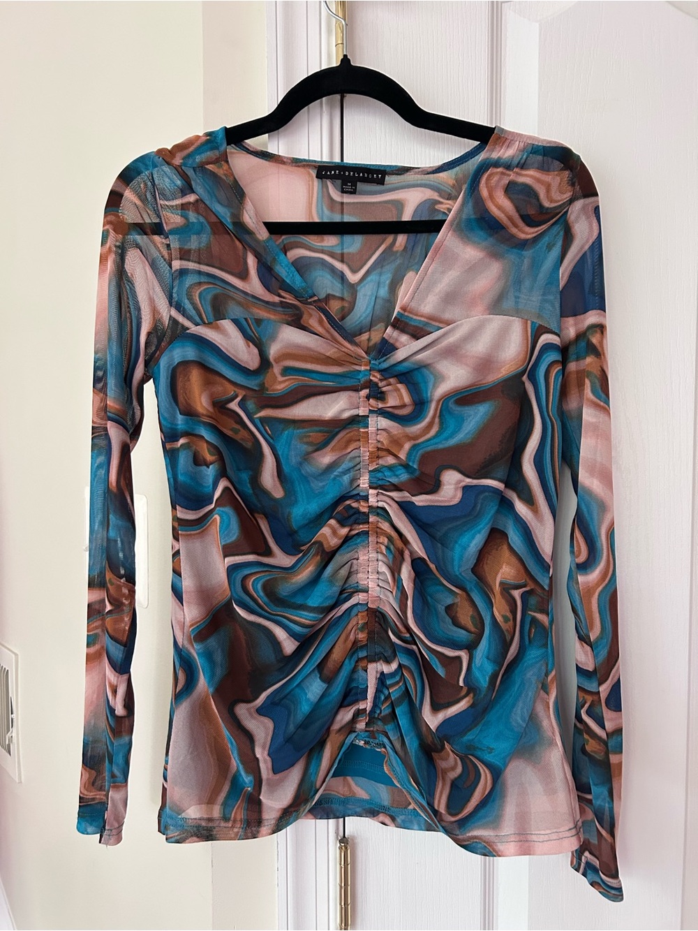 Jane and Delancey Teal, Brown & Pink Ruched Mesh Blouse